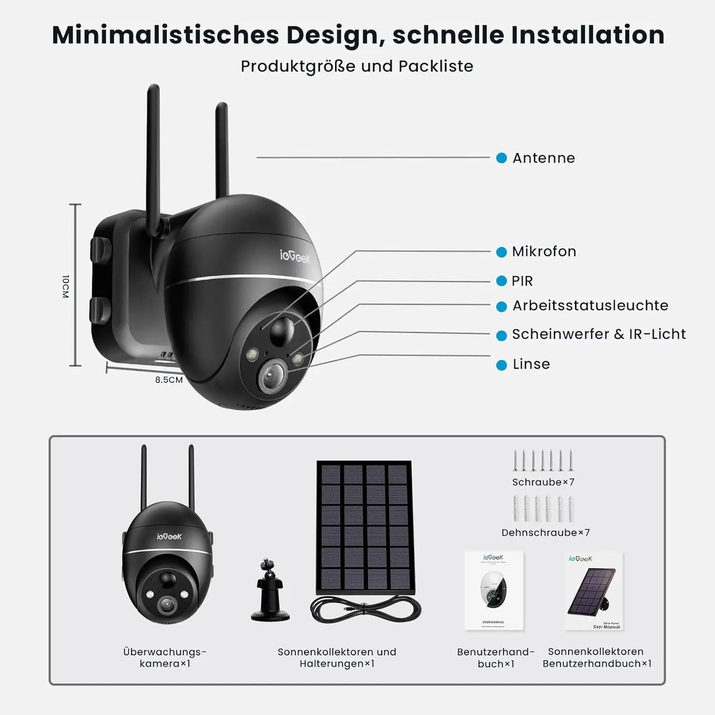 ieGeek 5MP outdoor surveillance camera battery, PTZ surveillance camera outdoor WLAN with solar panel, PIR motion detector, 2.4G