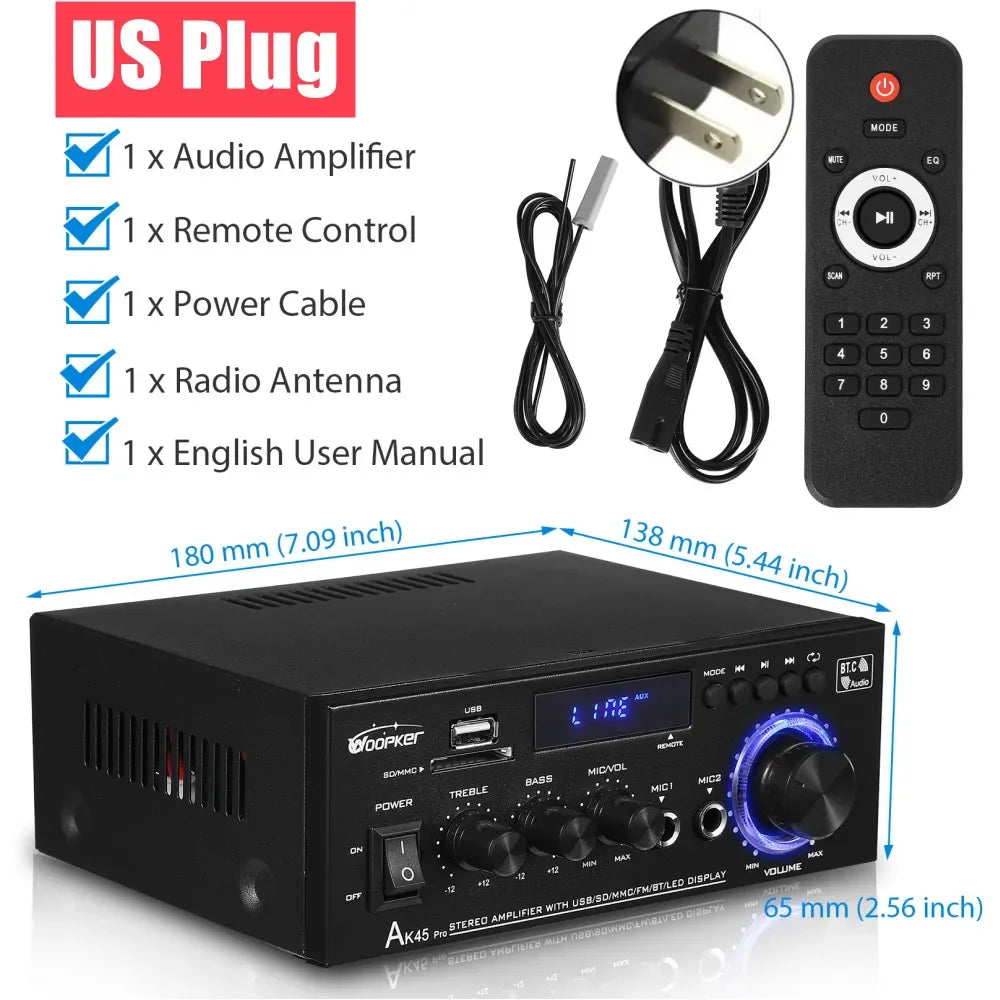 Woopker AK55/AK45 Pro/AK45/AK35 Sound Amplifier Bluetooth Digital Amplifier for Home Car Karaoke 2 Channel HiFi Audio Amp FM USB