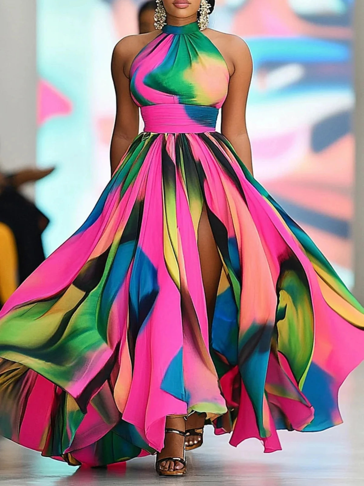 Women Halter Neck Printed Maxi Dress With High Slit