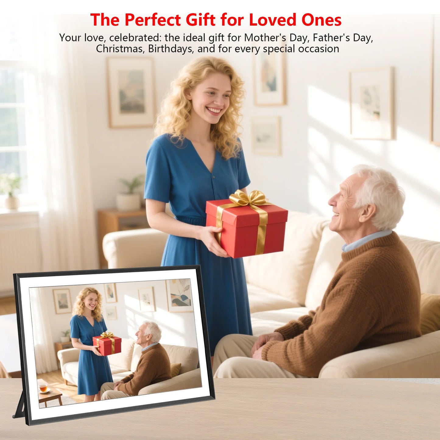 FRAMEO 15.6 Inch 32GB Large Digital Photo Frame, Digital Picture Frame WiFi, IPS HD Touch Screen, Photo Frame with Auto-Rotate