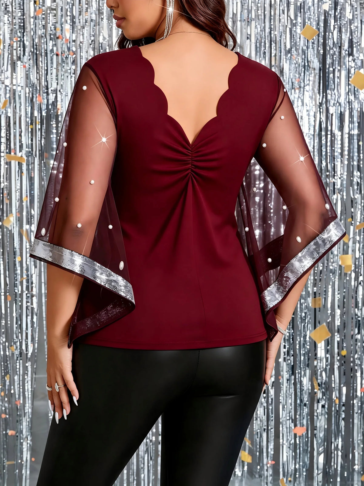Pearl Beaded Glitter Trim Mesh Bell Sleeve Party Blouse