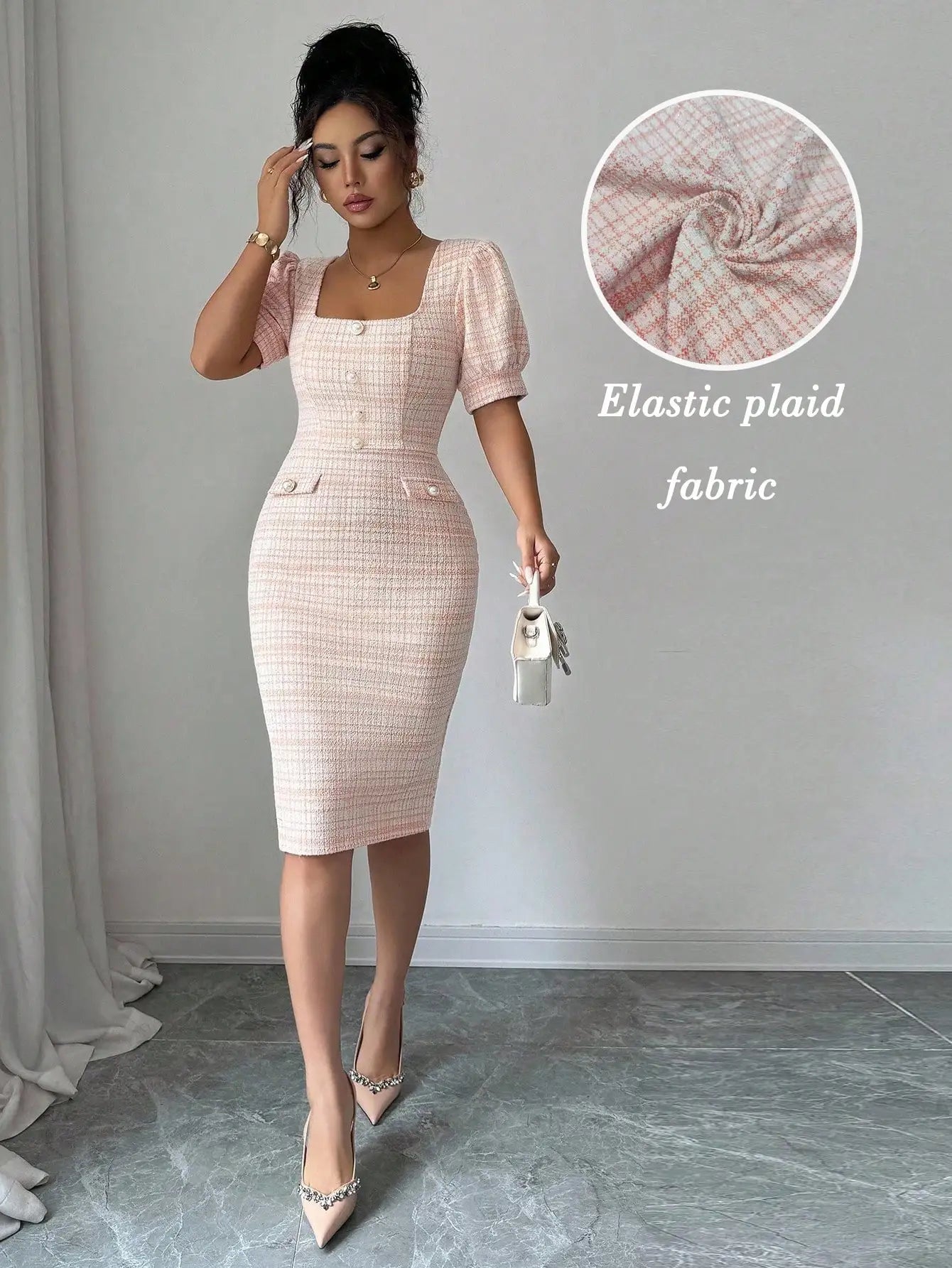 Elegant Square Neck Puff Sleeve Bodycon Midi Dress With Buttons