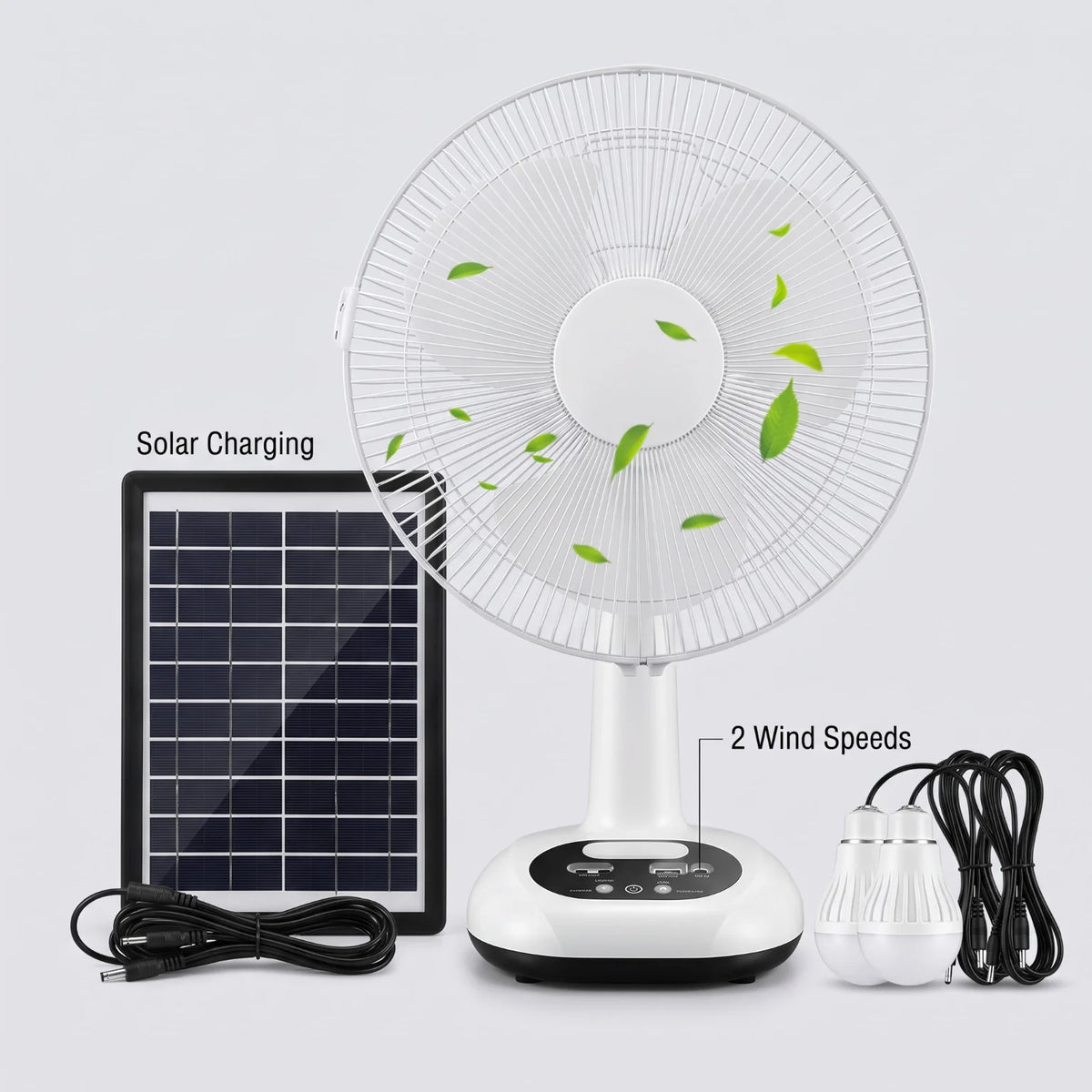 Solar Powered Fan Set With LED Bulbs 6V 4500mAh Rechargeable Desk Fan 18W Copper Motor 2 Speed Wind Portable Cooling Fan Built In Battery Power Bank Function With 9V 3W Solar Panel For Outdoor Camping Home Emergency Lighting