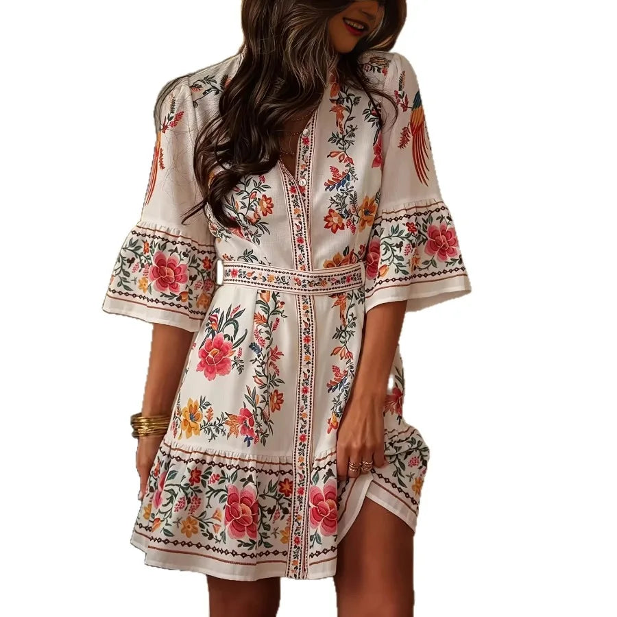 【New style】2026 new style vacation style, plant flower print, lantern sleeves, ruffled short-sleeved, strap-strap cardigan dres