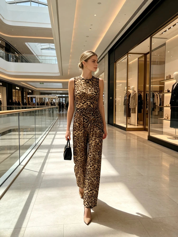 Women's Sheer Leopard Print Vest and Wide Leg Trousers Set