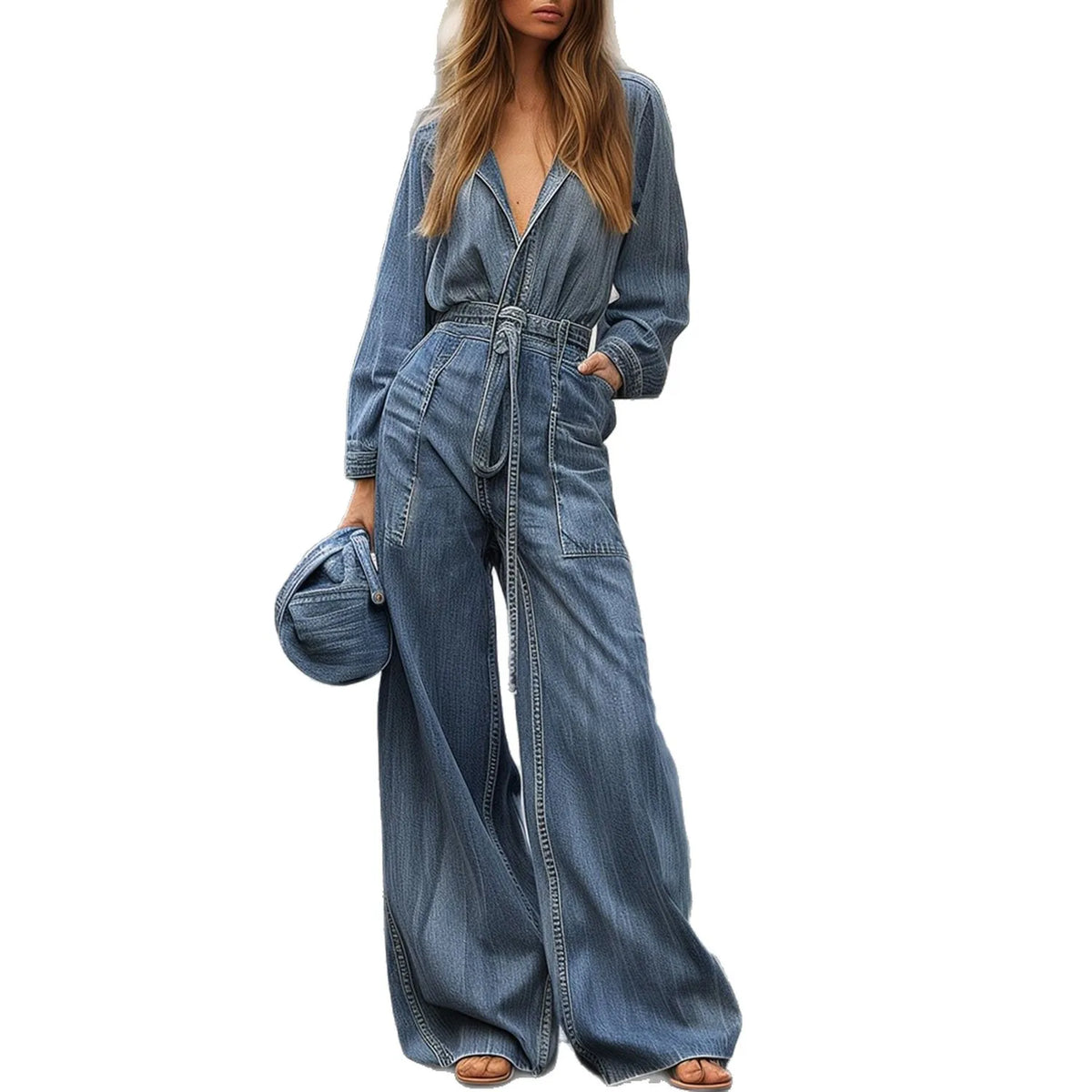 Jumpsuits For Woman Winter Clothes For Women One Piece Jumpsuit New Years Outfit Women Design-Inspired Long-Sleeved V-Neck Denim One-Piece Pants For Women, Retro And Loose Fit Straight-Leg Pants