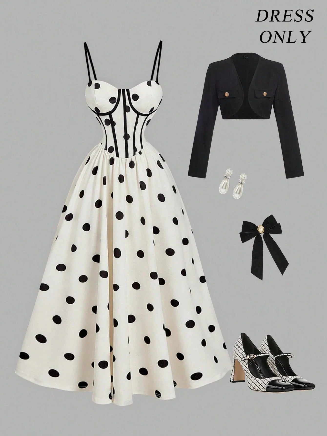 Cream Base Black Polka Dot Midi Dress Featuring Corset-Style Bodice, Spaghetti Straps, And Flared Skirt For Elegant Occasions