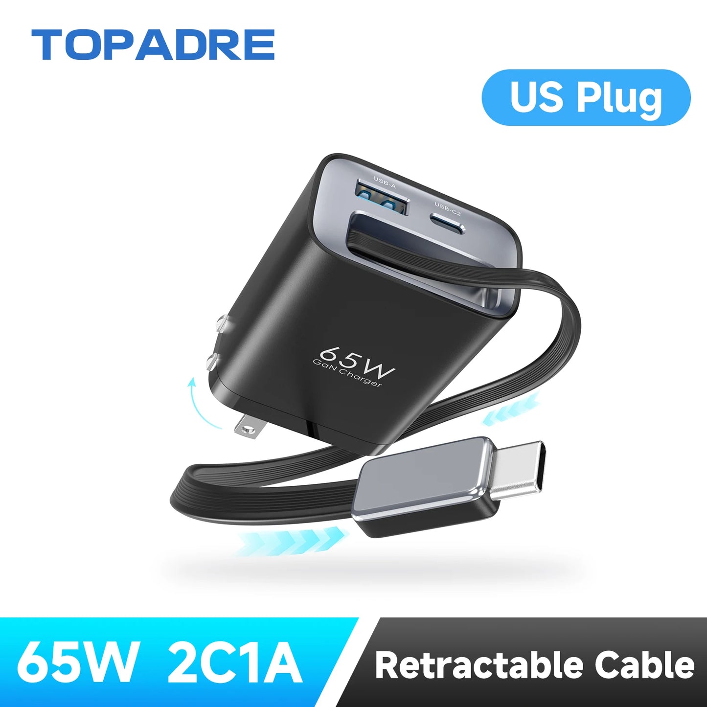 65W GaN PD3.1 Fast Charger With Retractable Cable , 3-Port Type-C + USB-A Travel Adapter For IPhone , Laptops, Galaxy Series