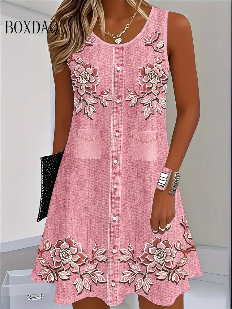 Boxdaq Women Summer Bohemian Sleeveless Floral Print Dress
