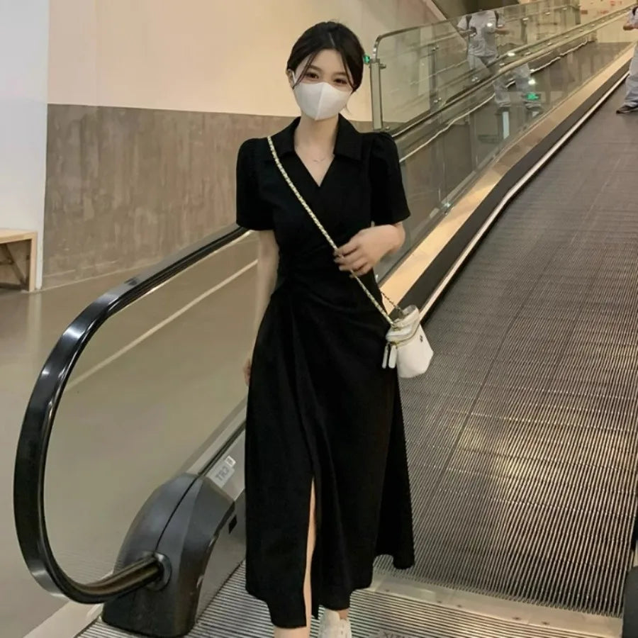 【New style】Pear shaped figure super slimming and skin-covering dress summer new style polo collar knot knot -style split a-line