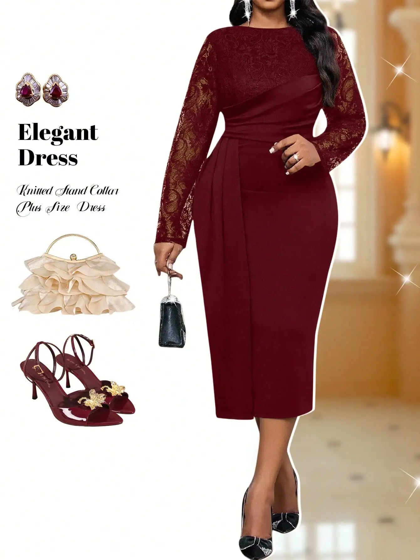 Lavender Lace Long Sleeve Midi Dress With Draped Waist For Women Elegant Office Party Wear Fall Winter Plus Size Outfit