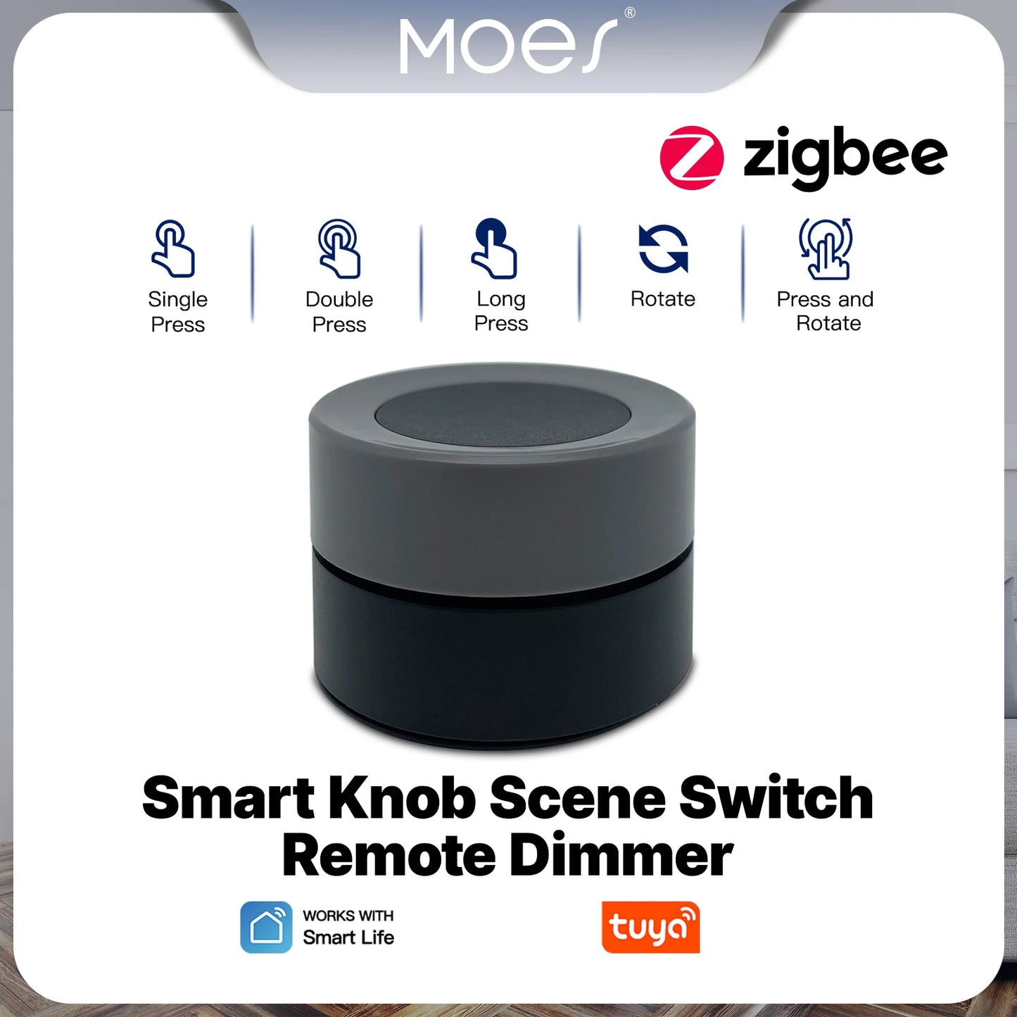 MOES Tuya ZigBee Smart Knob Switch Wireless Rotary Dimmer Scene Button Controller Battery Powered Home Automation Smart Life