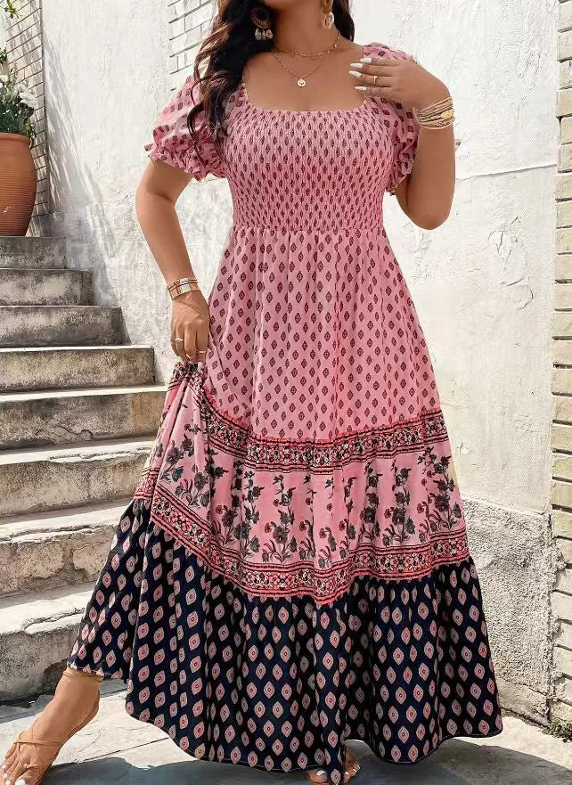 Women Bohemian Floral Print Smocked Holiday Sundress