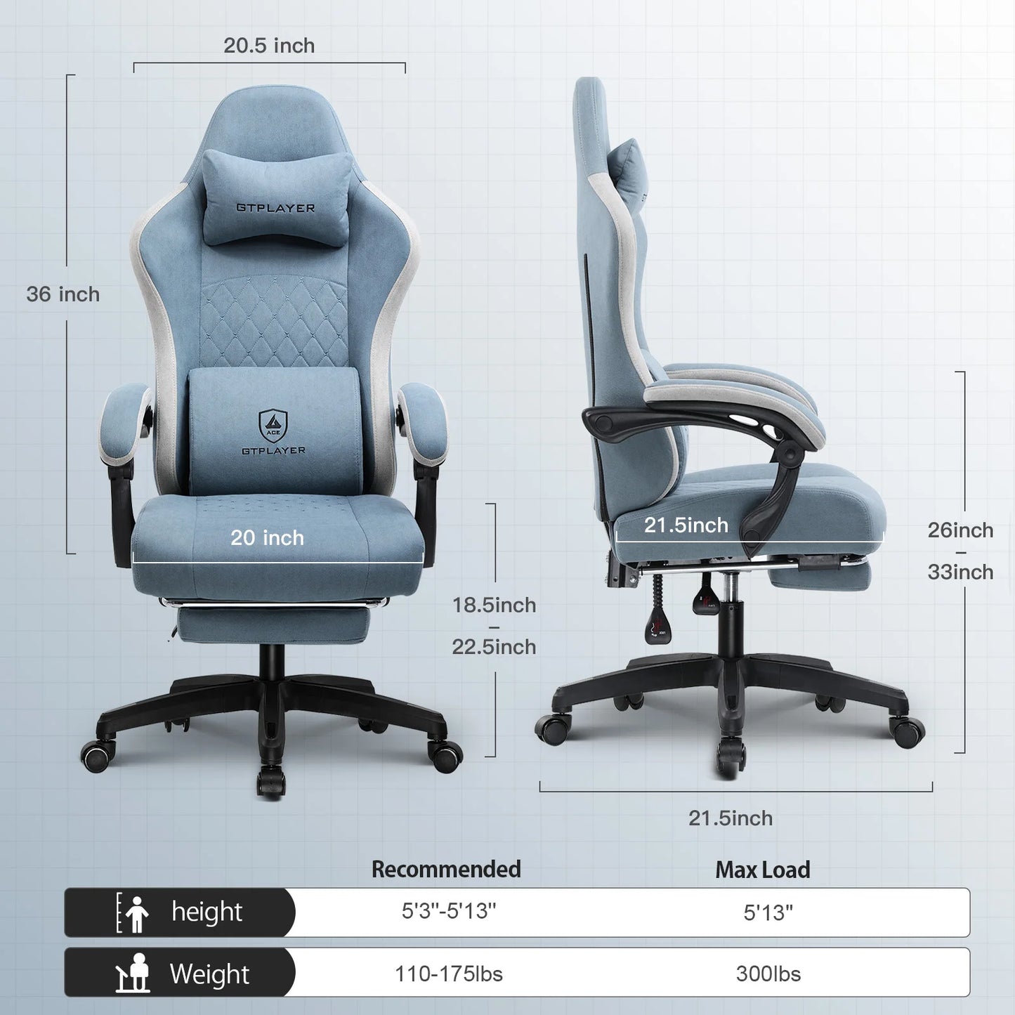 GTPLAYER Ergonomic Gaming Chair With Footrest And Lumbar Support
