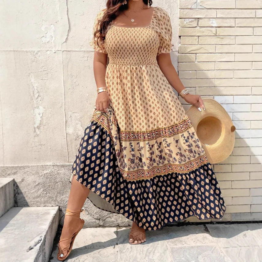 Women Bohemian Floral Print Smocked Holiday Sundress