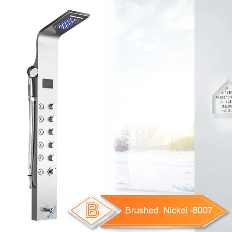 LED Bathroom Shower Panel 6 Modes Intelligent LCD Shower Column Rose Gold Rain Waterfall Bath Systems With Massage Jet Mixer Tap