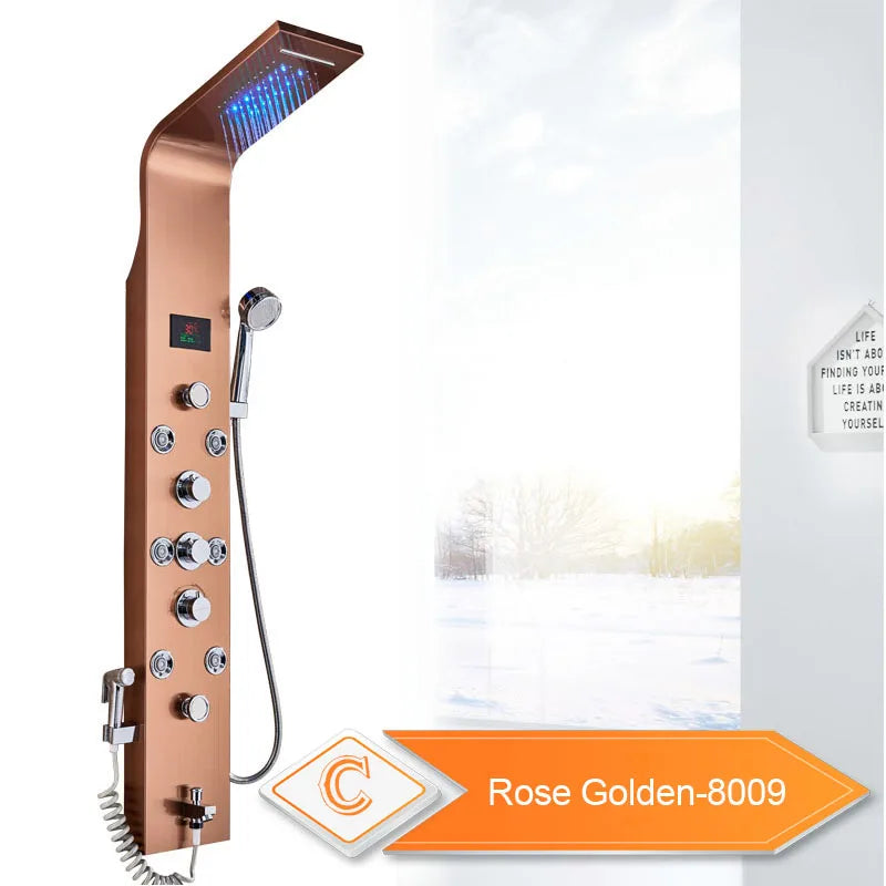 LED Light Bathroom Shower Panel Intelligent LCD Shower Column System with 6 Modes Rain Waterfall Massage Jet Bath Mixer Tap