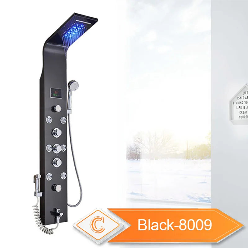 LED Bathroom Shower Panel 6 Modes Intelligent LCD Shower Column Rose Gold Rain Waterfall Bath Systems With Massage Jet Mixer Tap