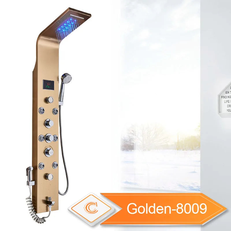 LED Light Bathroom Shower Panel Intelligent LCD Shower Column System with 6 Modes Rain Waterfall Massage Jet Bath Mixer Tap