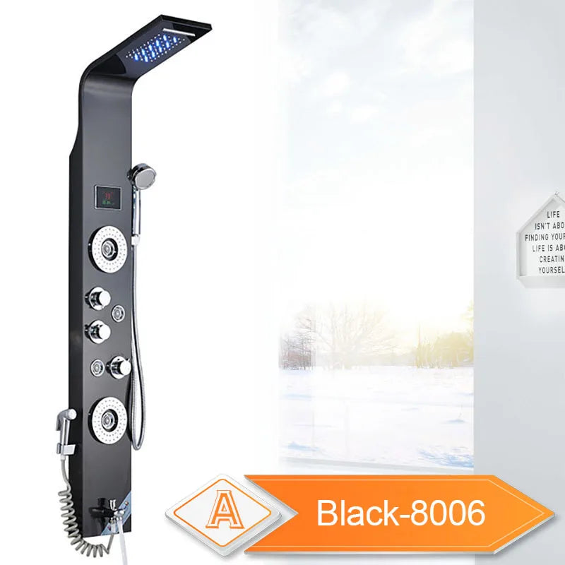 LED Light Bathroom Shower Panel Intelligent LCD Shower Column System with 6 Modes Rain Waterfall Massage Jet Bath Mixer Tap