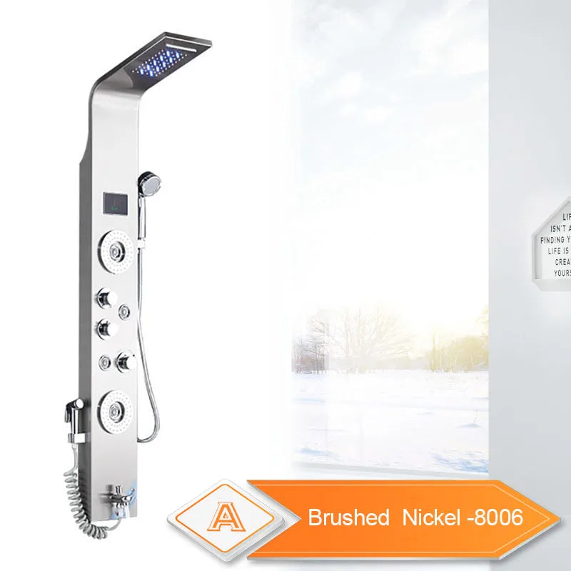 LED Bathroom Shower Panel 6 Modes Intelligent LCD Shower Column Rose Gold Rain Waterfall Bath Systems With Massage Jet Mixer Tap