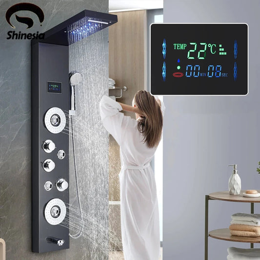 LED Shower Panel Digital Display Shower Faucet System Set Rain Waterfall Bathroom Column Mixer With SPA Massage Jet