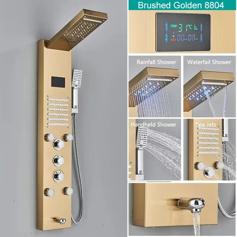 LED Shower Panel Digital Display Shower Faucet System Set Rain Waterfall Bathroom Column Mixer With SPA Massage Jet