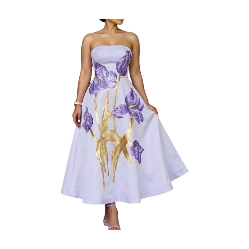 Women Strapless Patchwork Printed Midi Evening Dress