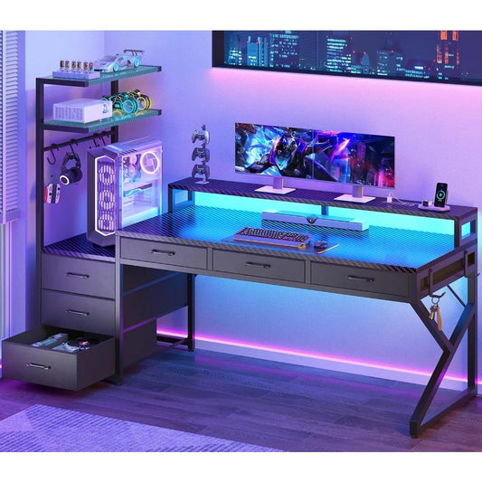 MOYU Gaming Desk With Storage Drawers And LED Lights