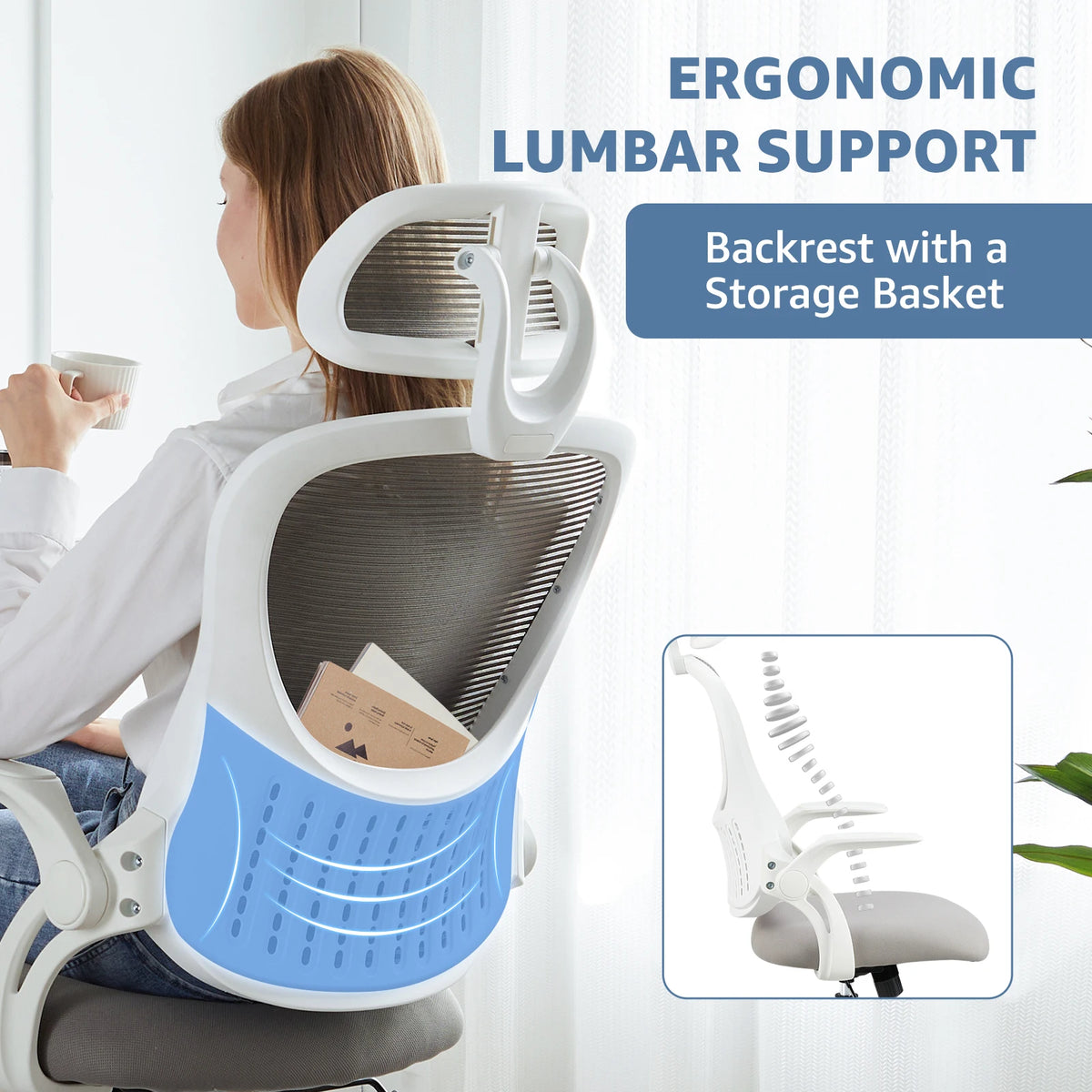 JHK Ergonomic Mesh Office Chair Flip Arms Adjustable Headrest Lumbar