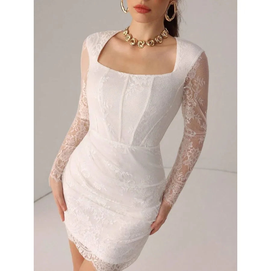 【New style】Poshira High-End French Retro Elegant White Lace Peplum Waist Bodycon Long Sleeve Dress