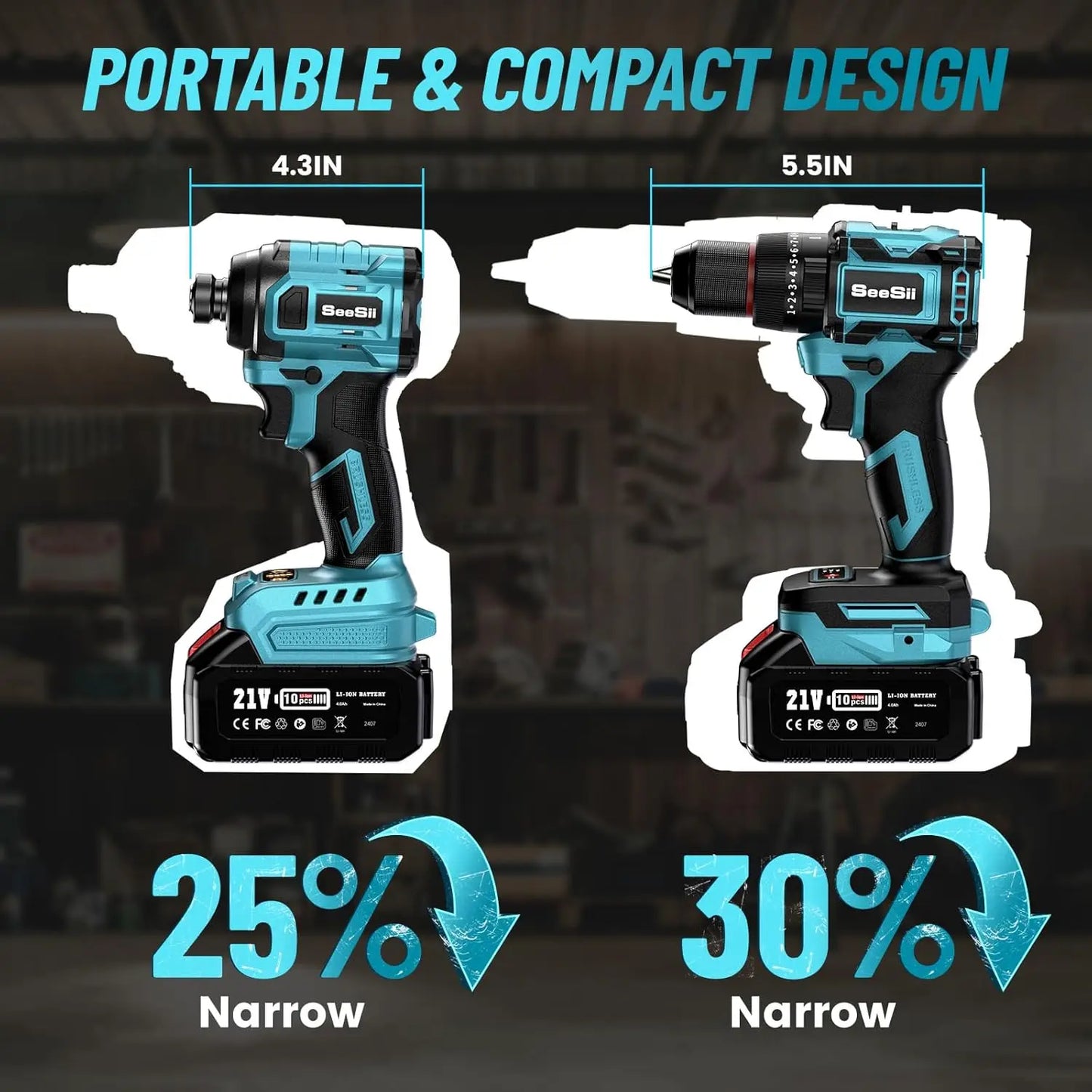 SEESII 21V Max Cordless Electric Drill and Impact Driver Screwdriver Tool Kit 3/8'' Drill & 1/4'' Impact Driver 2x 4.0Ah Battery