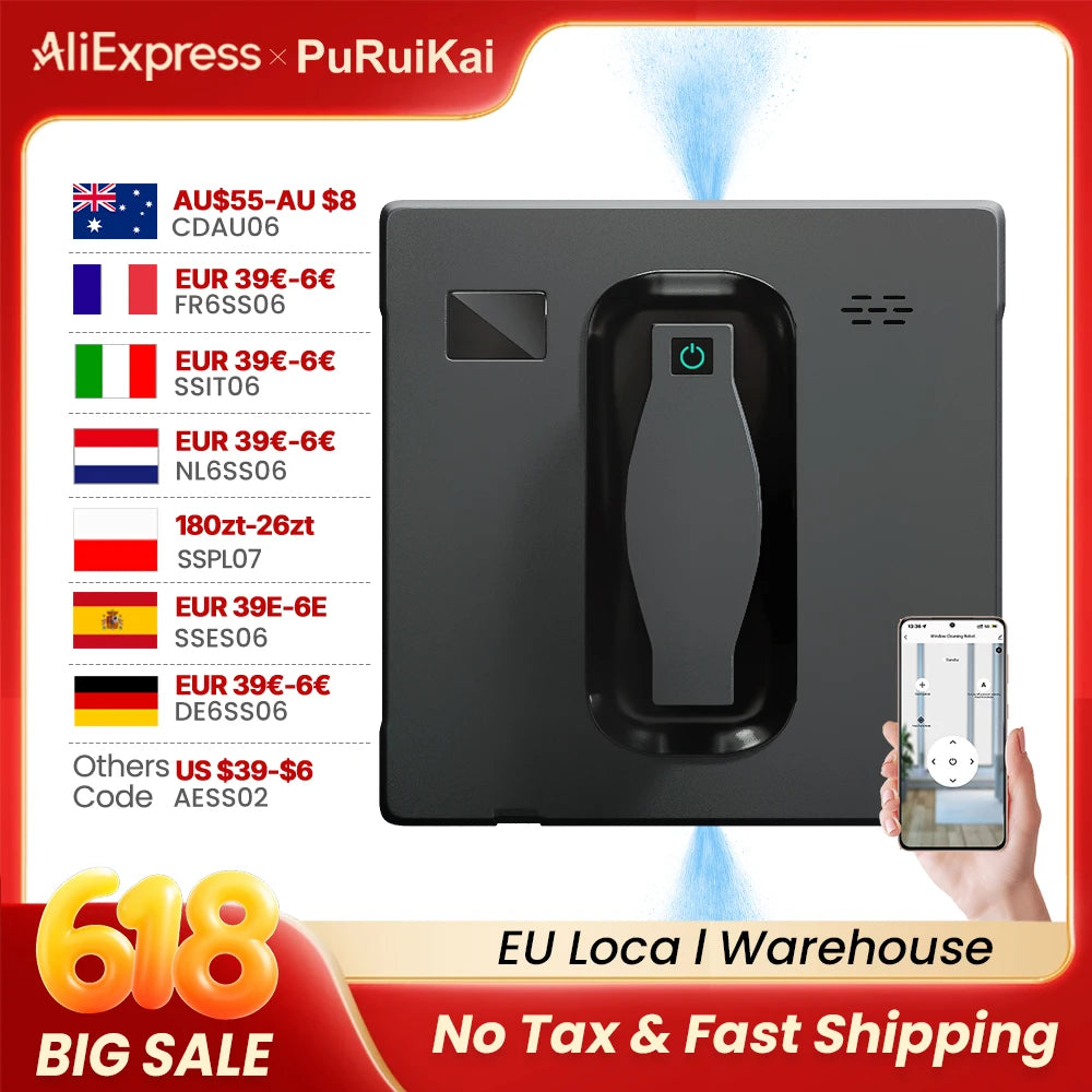 PuRuiKai Robot Window Cleaner,Dual Water Spray,With APP Control,High Vacuum Suction,Laser Sensor, Home Wall Glass Cleaning Robot