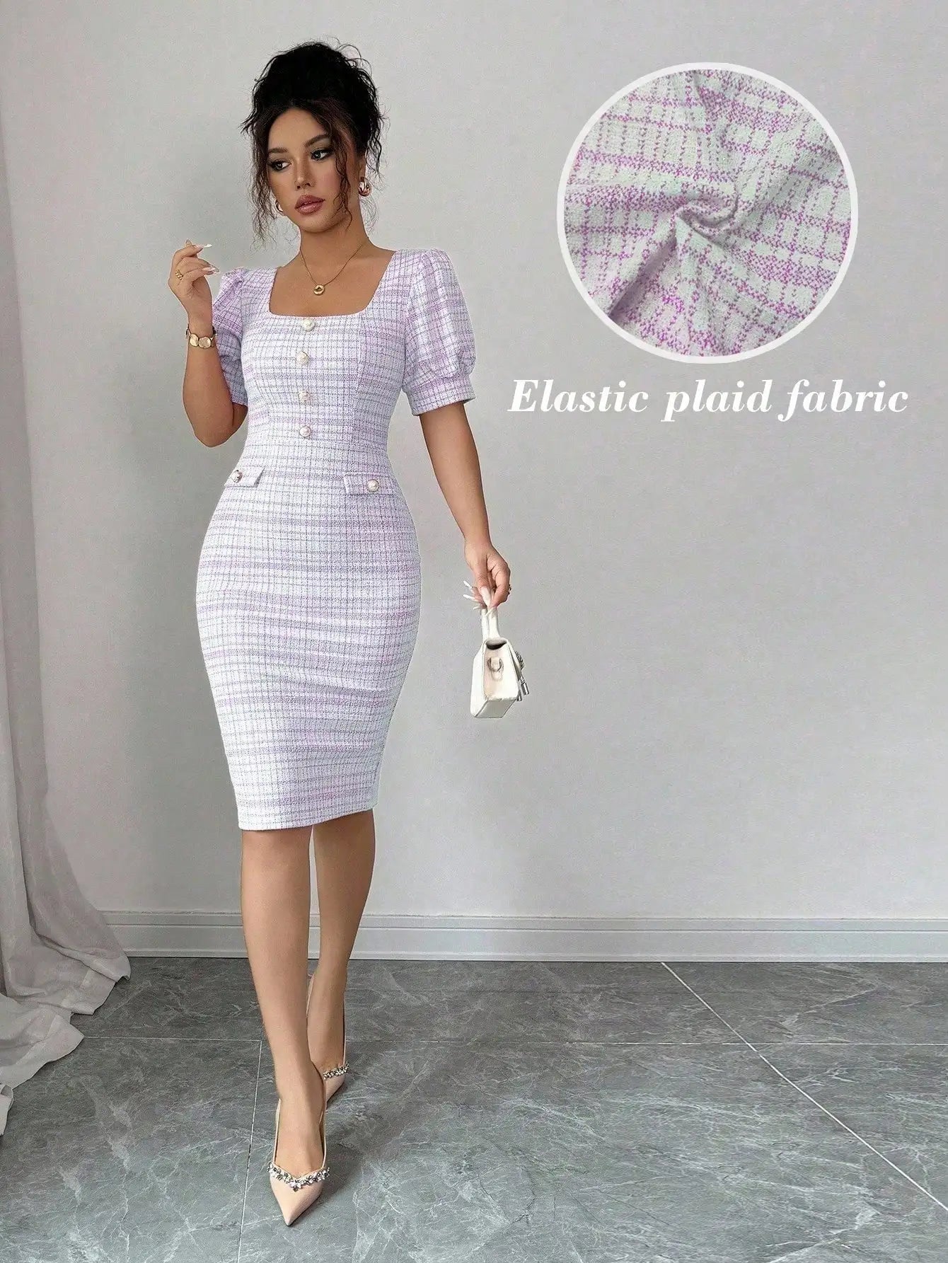 Elegant Square Neck Puff Sleeve Bodycon Midi Dress With Buttons