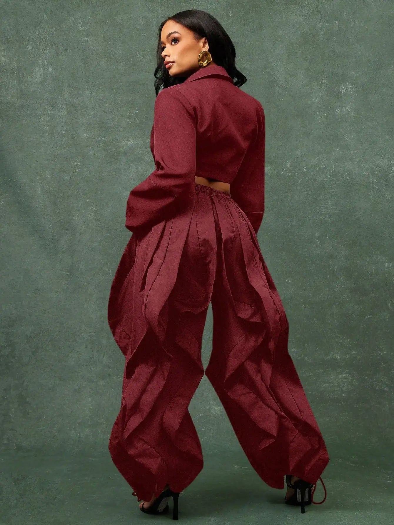 Crop Top And Ruffle Detail Wide Leg Jogger Pants Set