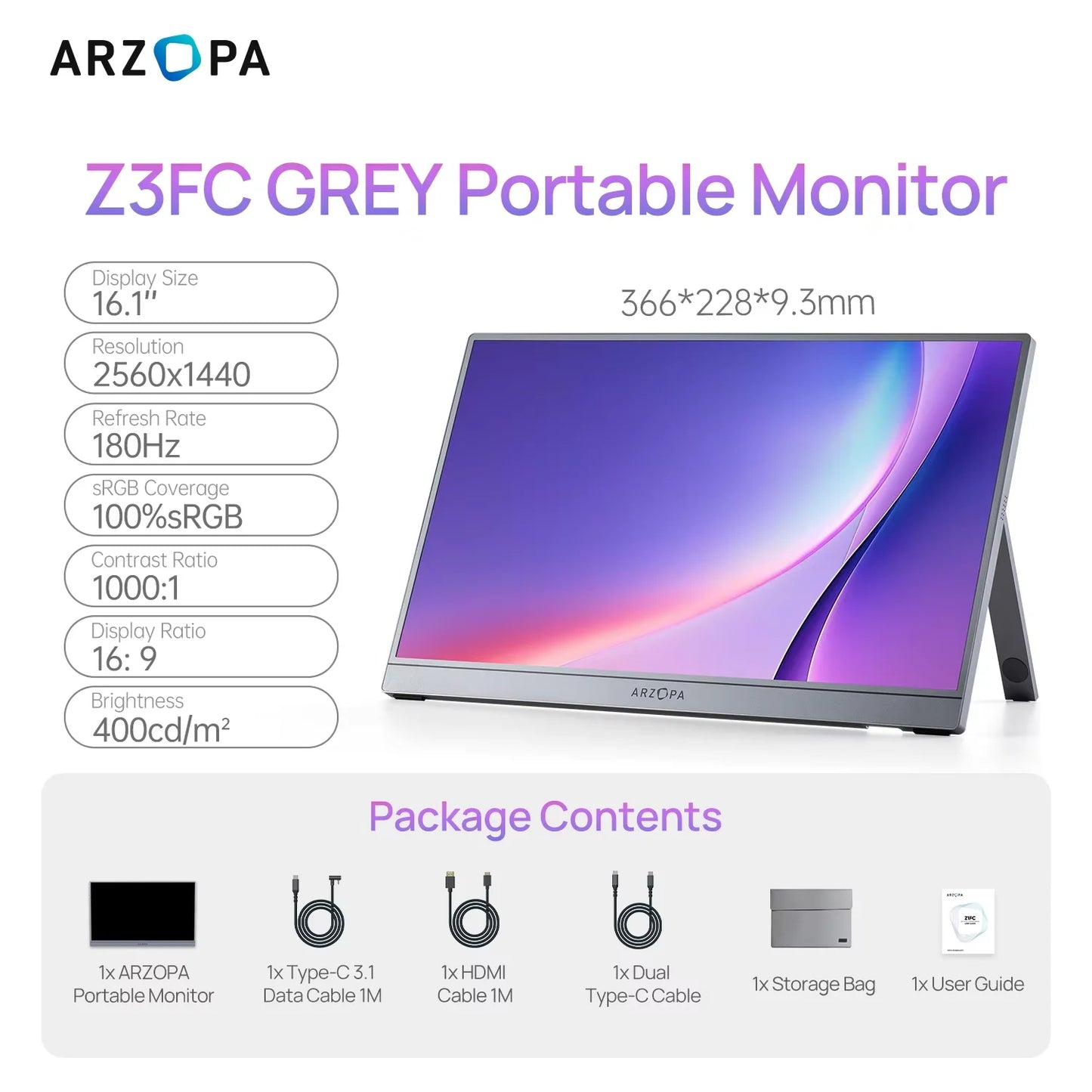 ARZOPA Portable Monitor 2.5K HDR10 IPS 180Hz for Laptop PS5
