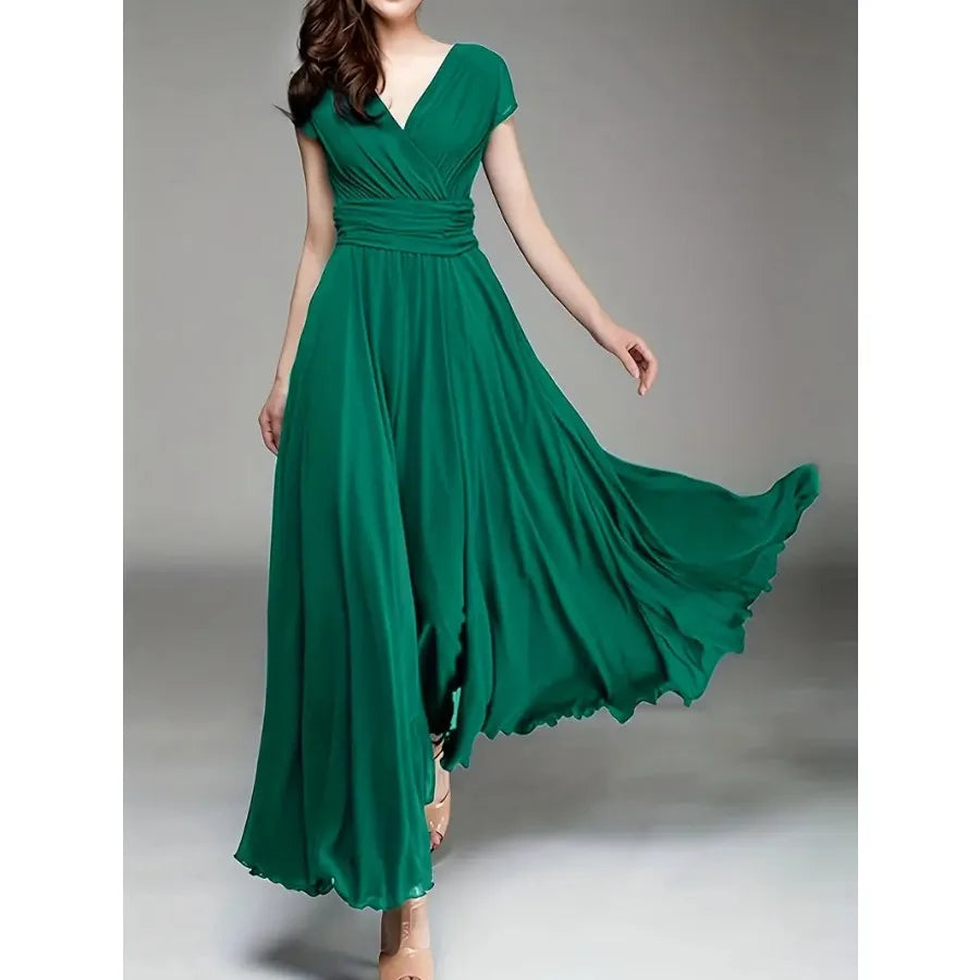 【New style】- access  Europe and America V-neck short-sleeved Bohemian chiffon waist dress