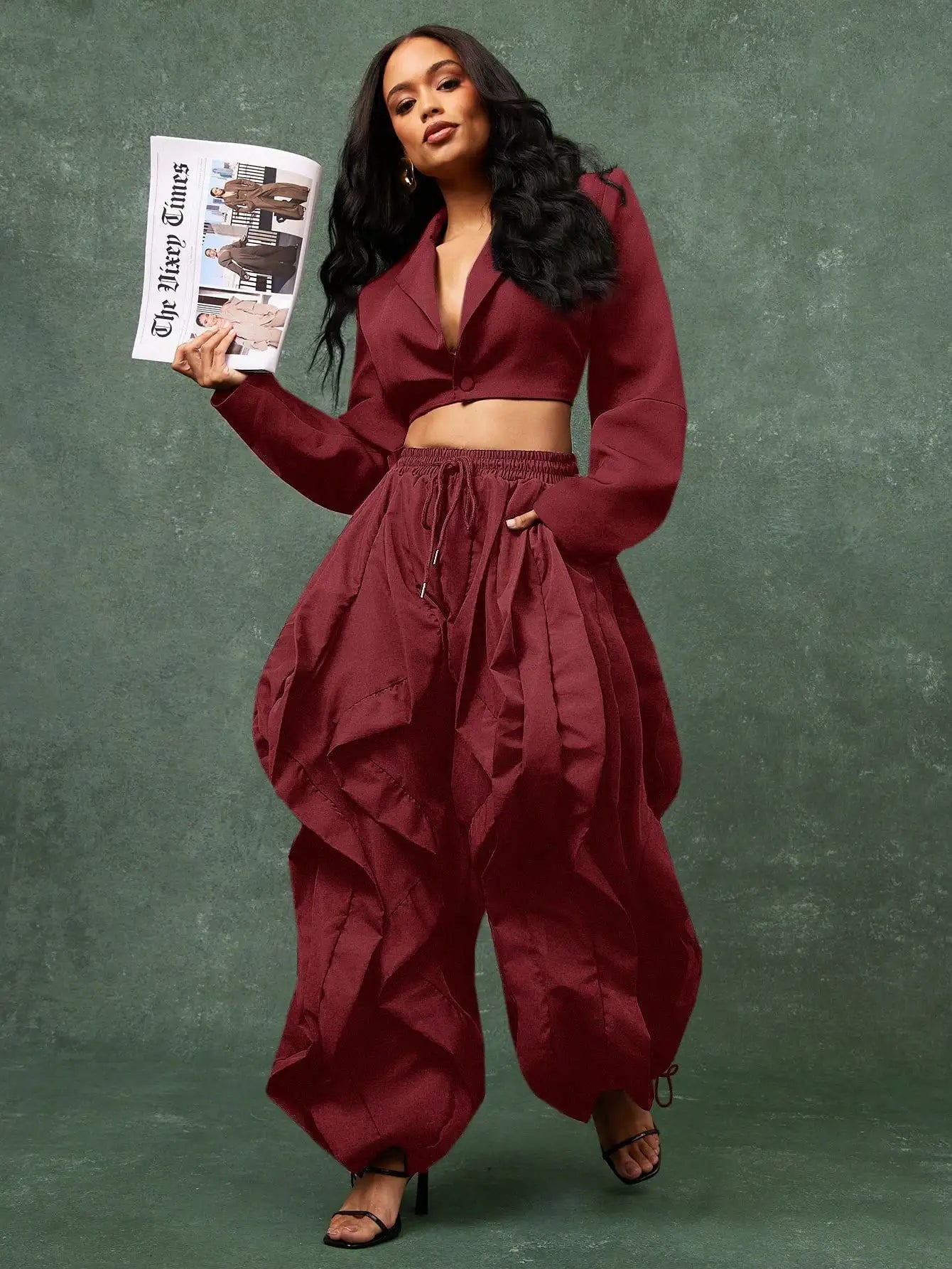 Crop Top And Ruffle Detail Wide Leg Jogger Pants Set