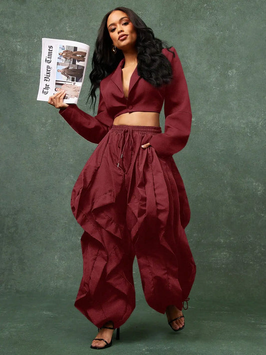 Crop Top And Ruffle Detail Wide Leg Jogger Pants Set