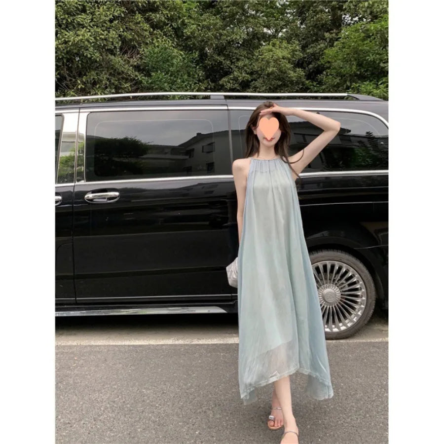 【New style】Norway summer seaside gentle long suspender dress romantic suspender a-line super fairy holiday dress