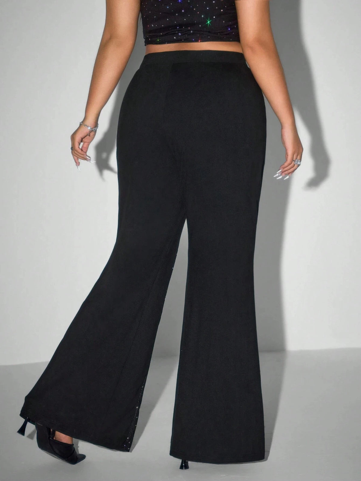 Mesh Rhinestone Flare Pants High Waist Sparkly Bell Bottom Trousers
