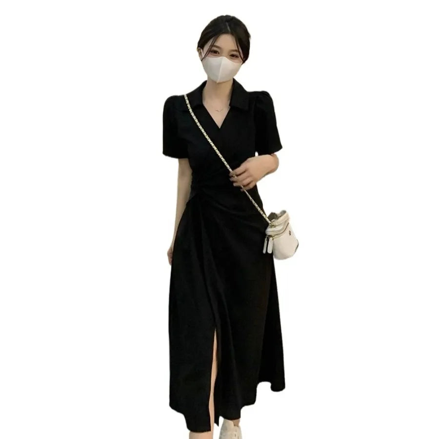 【New style】Pear shaped figure super slimming and skin-covering dress summer new style polo collar knot knot -style split a-line