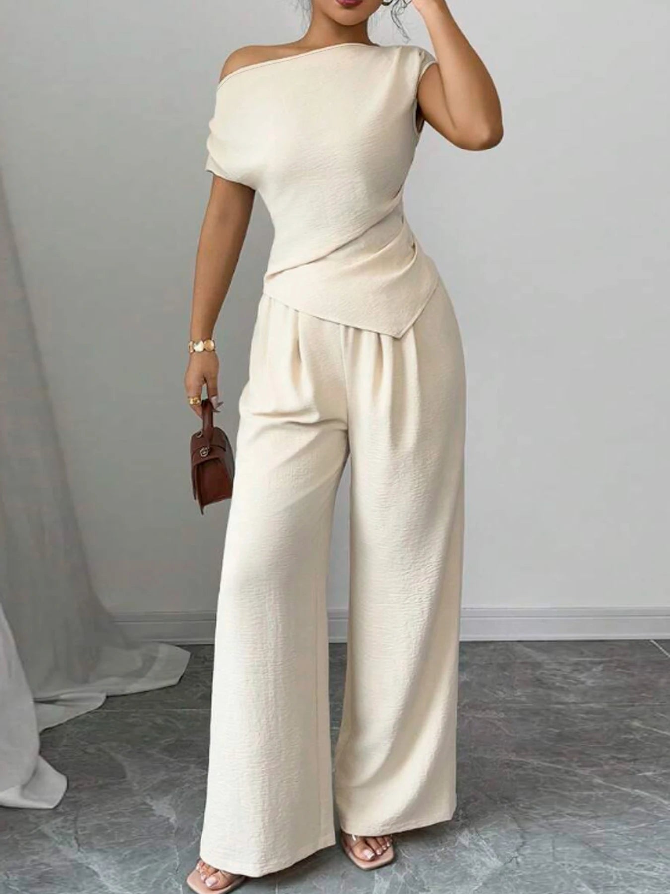 Women Asymmetric Top Wide Leg Pants Two Piece Casual Set