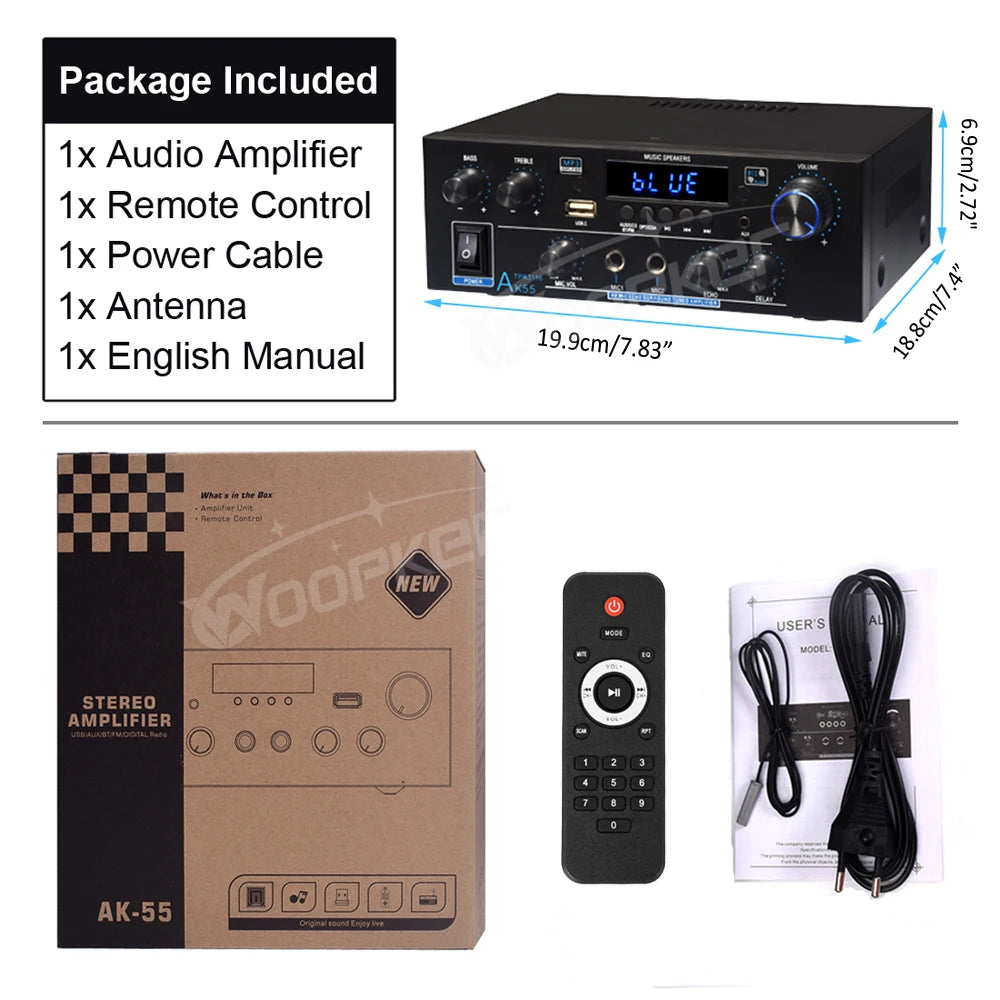 Woopker AK55/AK45 Pro/AK45/AK35 Sound Amplifier Bluetooth Digital Amplifier for Home Car Karaoke 2 Channel HiFi Audio Amp FM USB