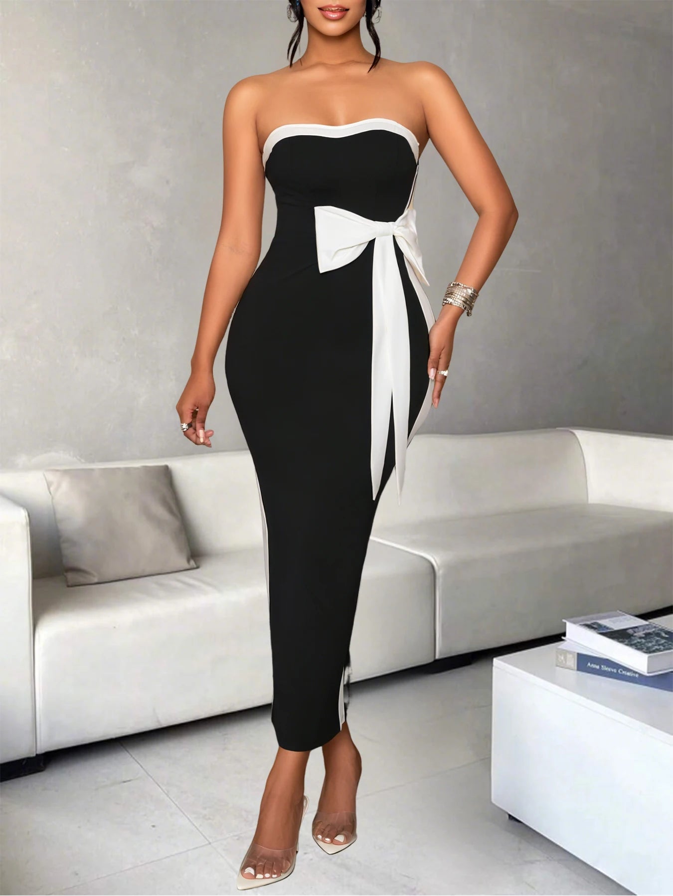 Elegant Color Block One Shoulder Butterfly Bow Dress For Women