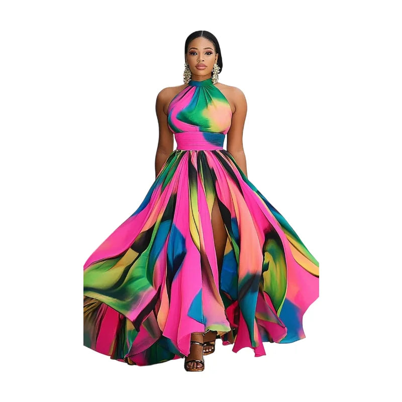 Women Halter Neck Printed Maxi Dress With High Slit