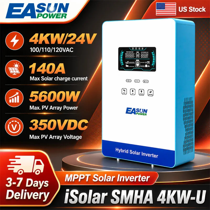 EASUN POWER 4000W 24V Off Grid Pure Sine Wave Solar Inverter with 6.25 Inch LCD Display and Touchable Buttons Built-in 150A MPPT