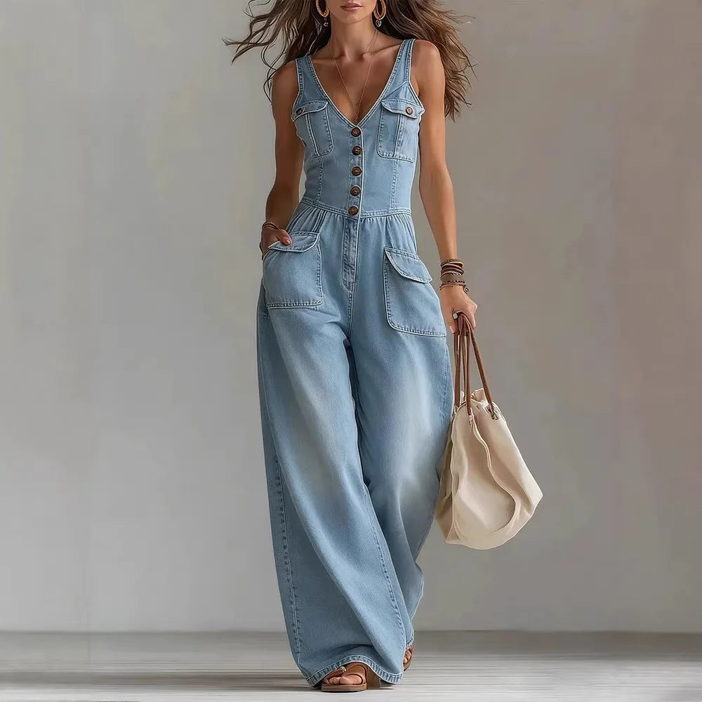 Casual Overalls Plus Size Washing Denim Jumpsuit Straight Loose Sleeveless Strap Jumpsuit V Neck Rompers Wide Leg Loose Pants