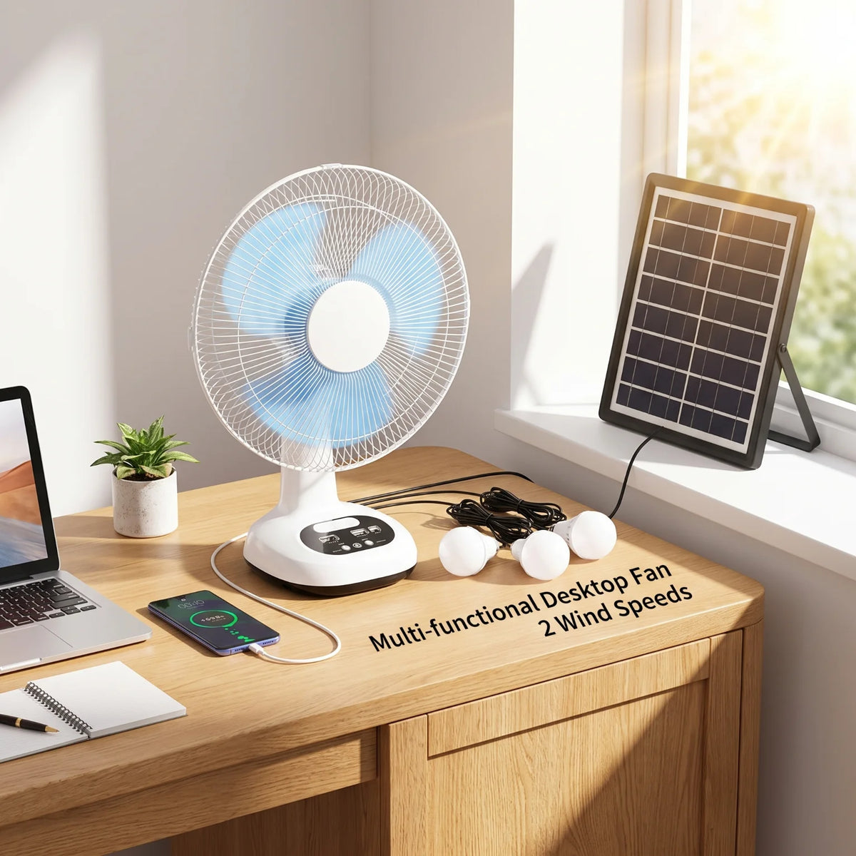 Solar Powered Fan Set With LED Bulbs 6V 4500mAh Rechargeable Desk Fan 18W Copper Motor 2 Speed Wind Portable Cooling Fan Built In Battery Power Bank Function With 9V 3W Solar Panel For Outdoor Camping Home Emergency Lighting