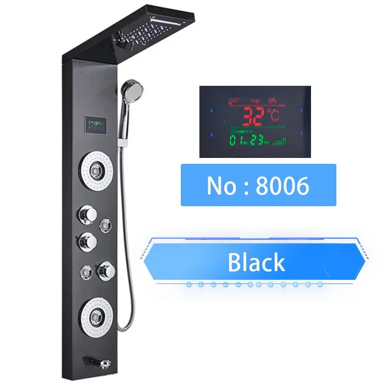 LED Shower Panel Digital Display Shower Faucet System Set Rain Waterfall Bathroom Column Mixer With SPA Massage Jet